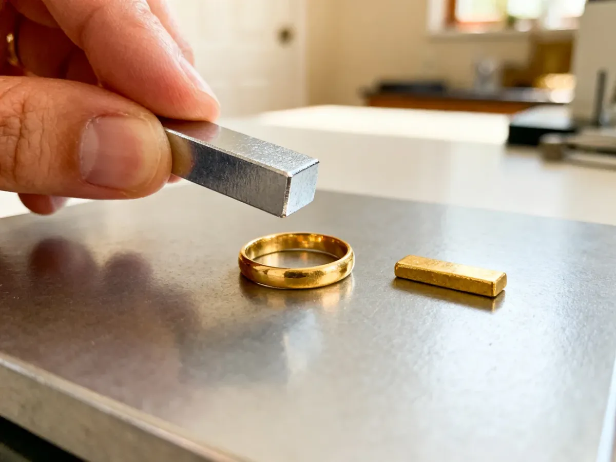 Testowanie złotej biżuterii i sztabki magnesem neodymowym
