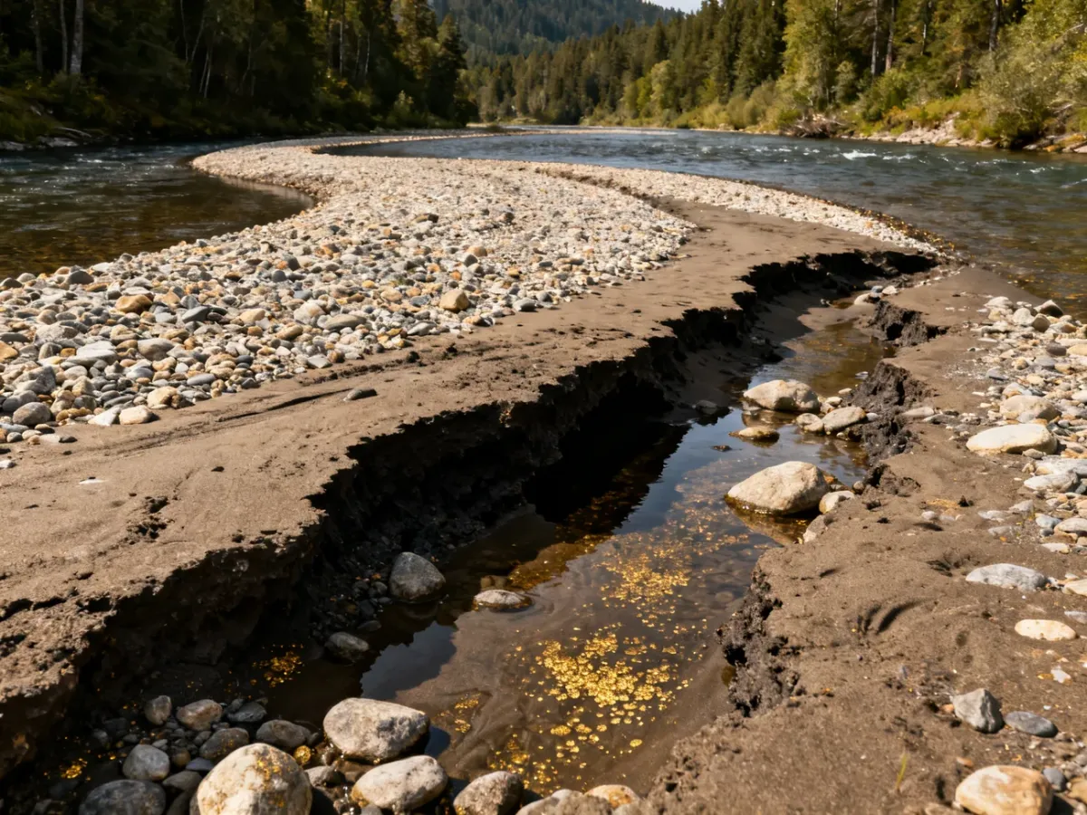 Złote drobiny zgromadzone w żwirowym osadzie przy zakolu rzeki