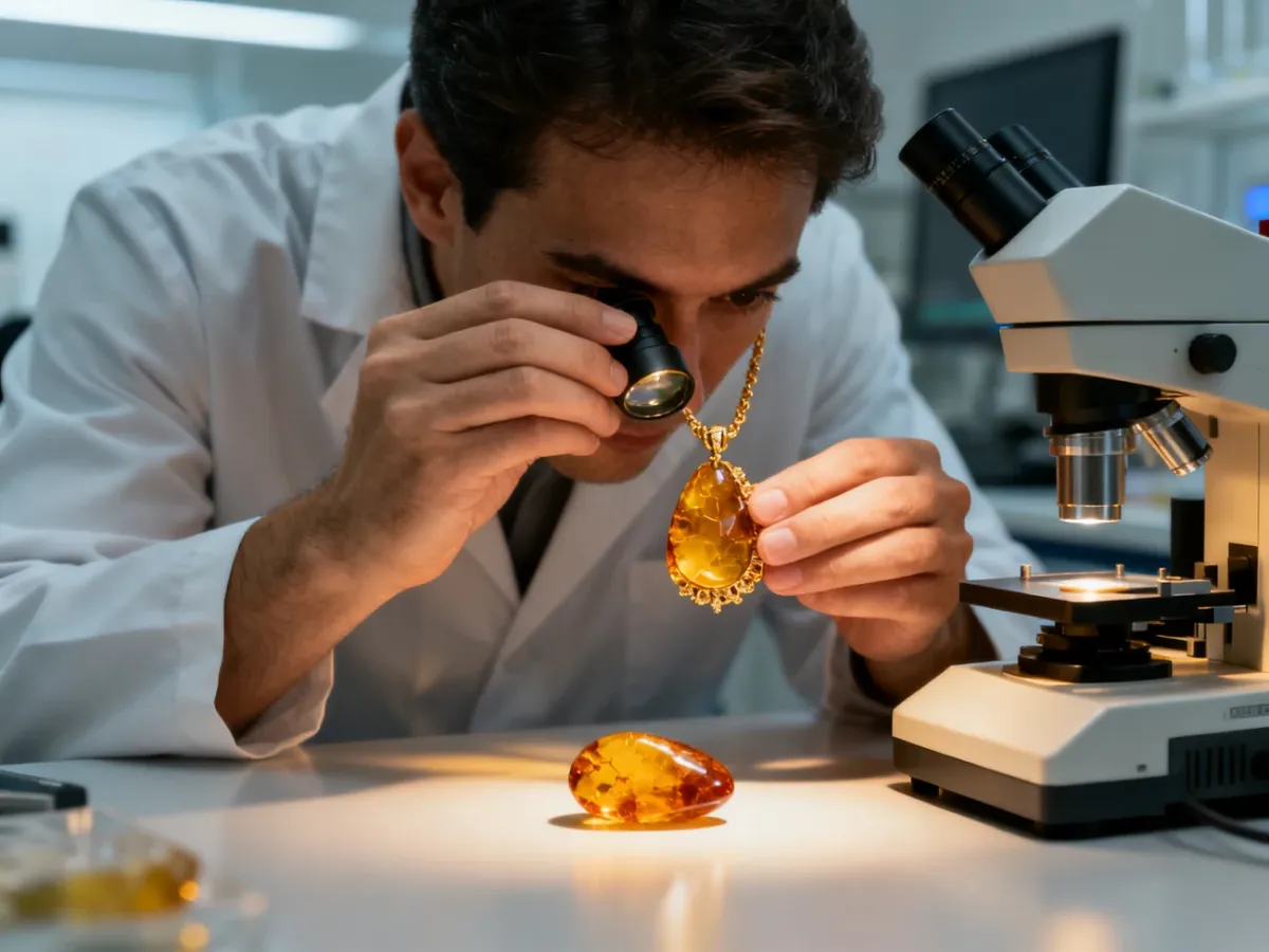 Rzeczoznawca oglądający bursztyn i biżuterię w laboratorium gemmologicznym