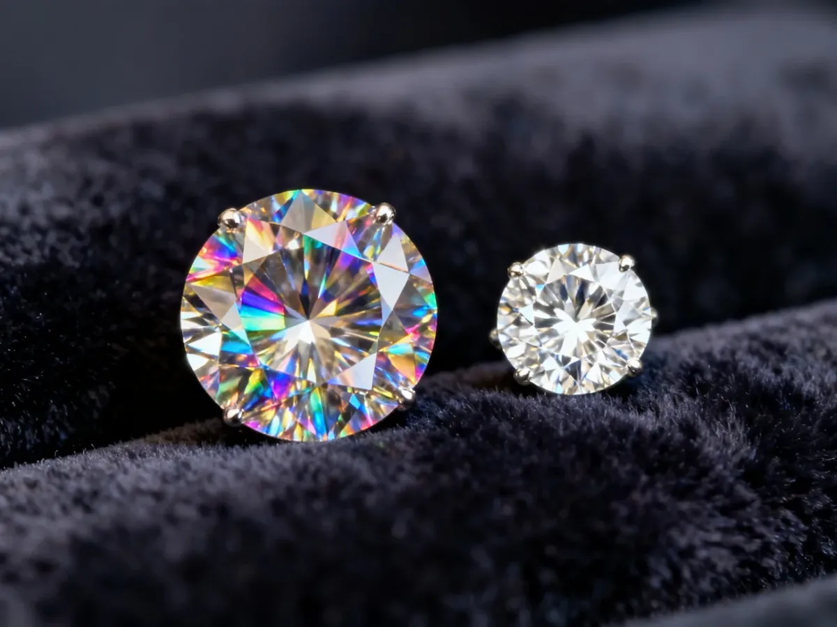 Moissanit i diament zestawione obok siebie, ukazujące różnice w blasku i kolorowych refleksach