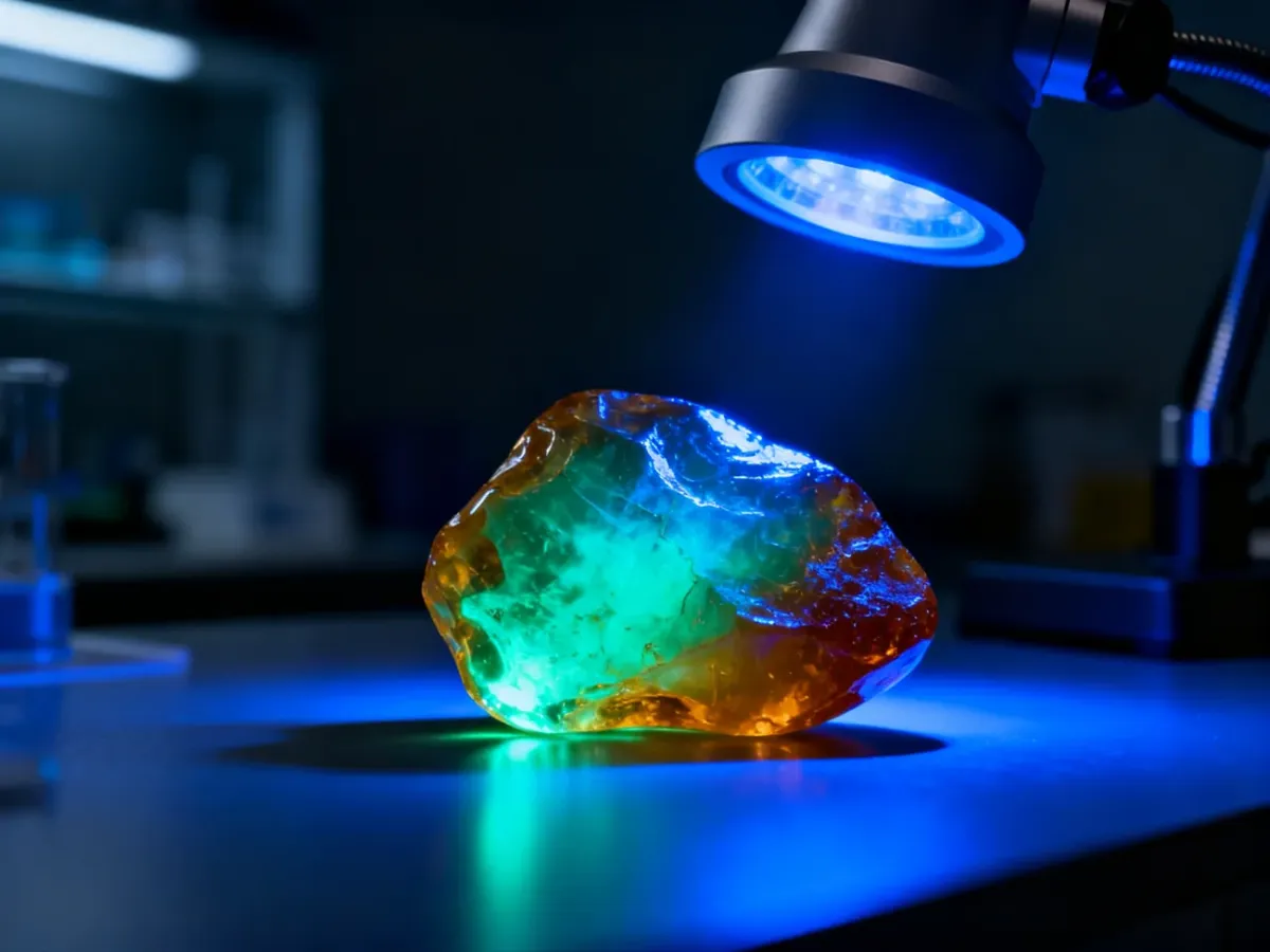 Bursztyn fluorescencyjnie świecący pod lampą UV