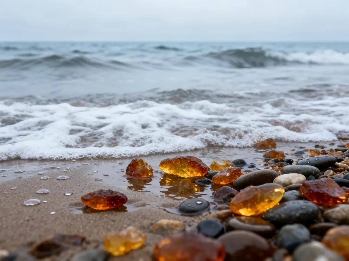 Bursztyn wyrzucony przez fale na bałtycką plażę