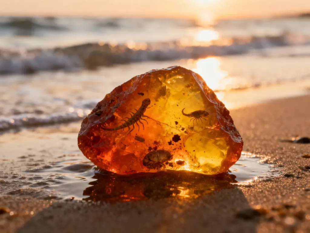 Surowy kawałek bursztynu bałtyckiego z inkluzjami leżący na mokrym piasku plaży w świetle zachodzącego słońca.