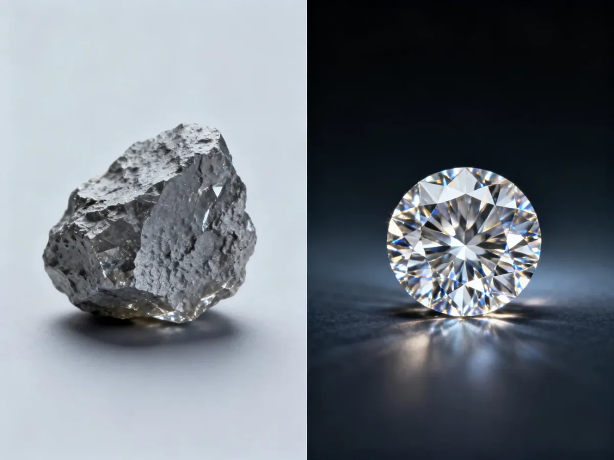 Surowy diament zestawiony z okrągłym brylantem
