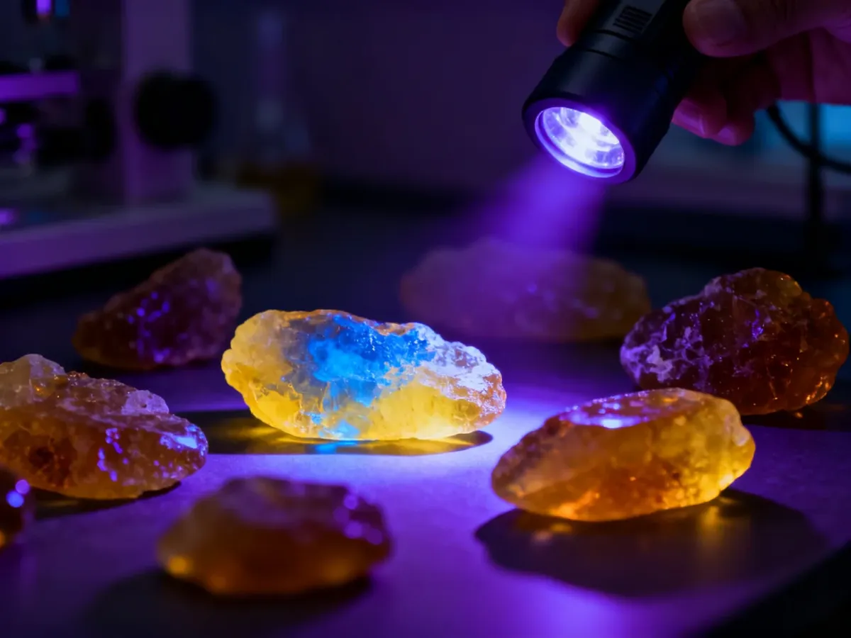 Bursztyn i kopal fluorescencyjnie świecące pod lampą UV