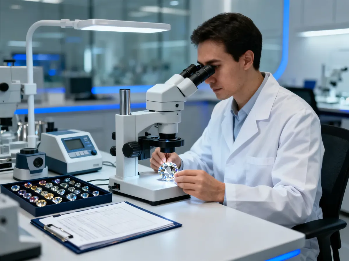 Gemmolog badający kamień szlachetny w profesjonalnym laboratorium