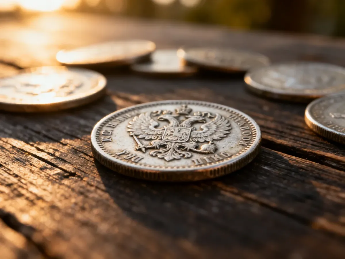 Srebrne monety przedwojenne z widocznymi detalami i patyną, leżące na rustykalnym drewnianym stole w świetle popołudniowego słońca.