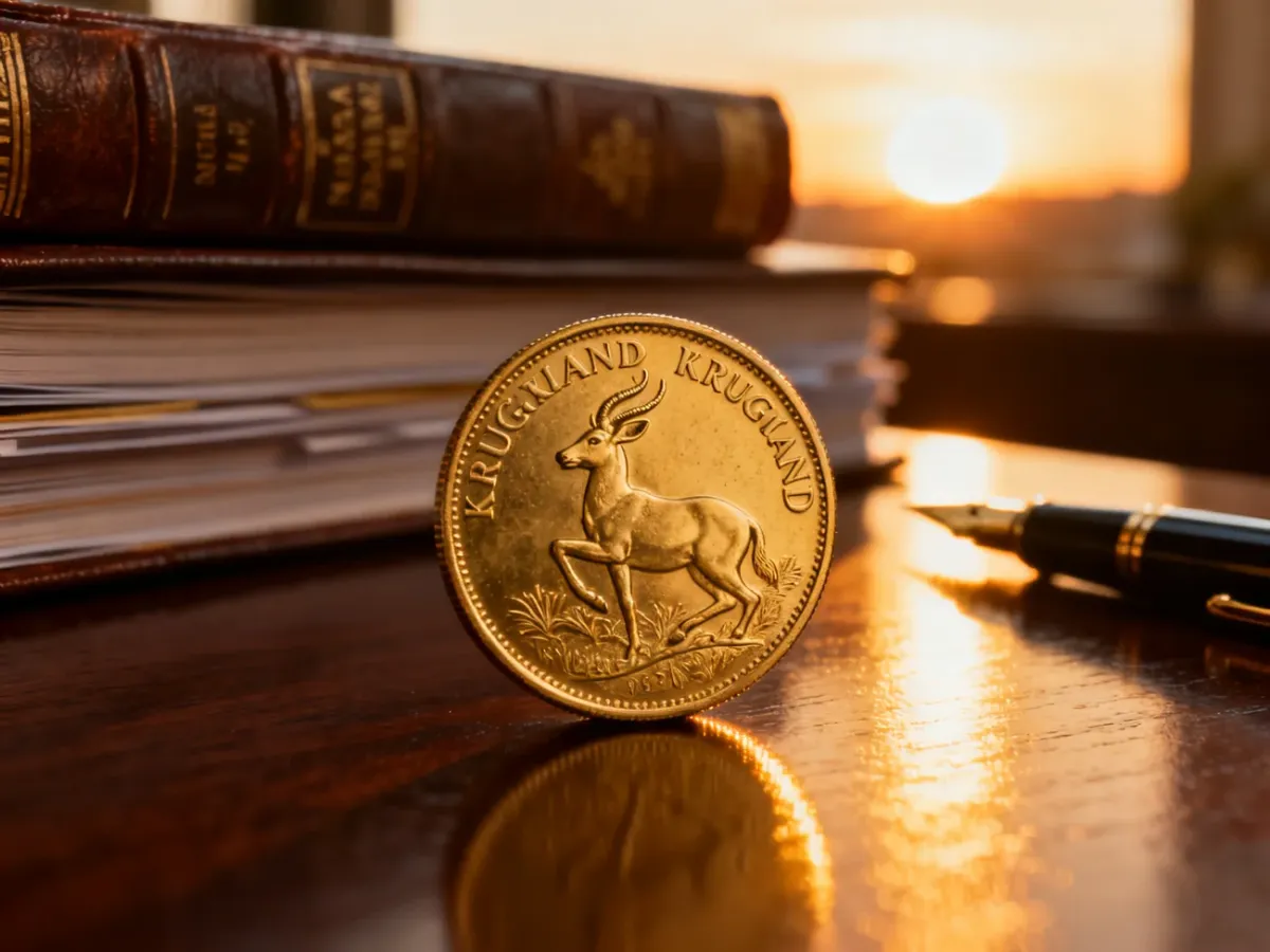 Złota moneta Krugerrand na mahoniowym biurku w otoczeniu ksiąg inwestycyjnych, symbolizująca prestiż i lokatę kapitału.